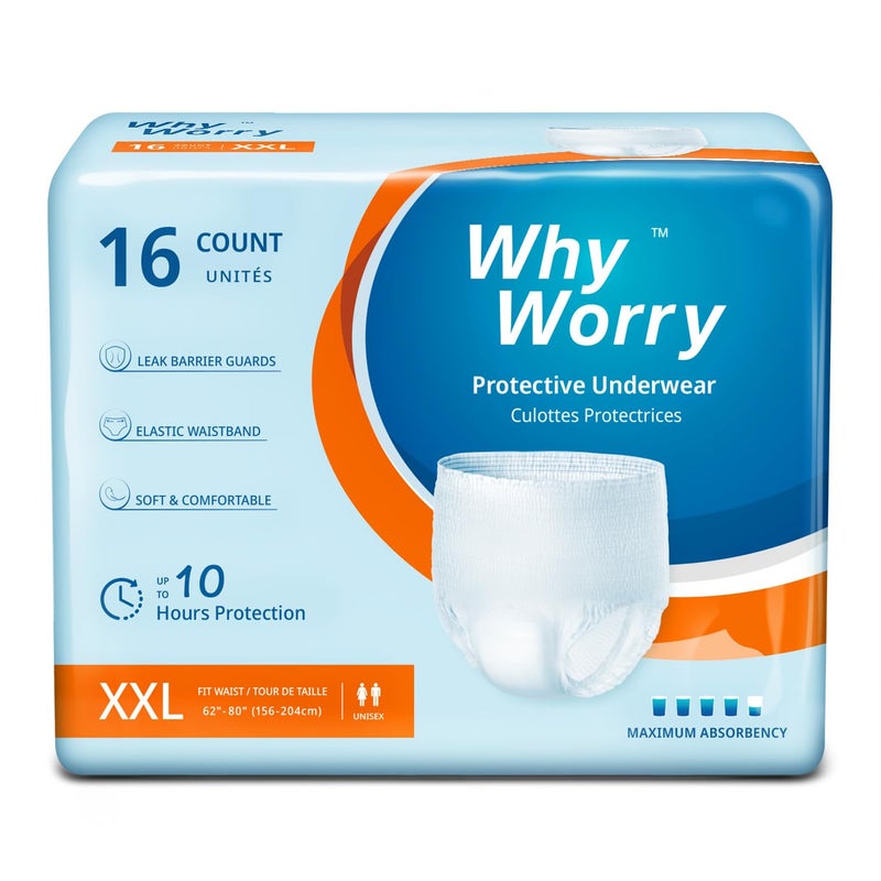 WhyWorry Incontinence Pants for Women and Men, Disposable Adult Pull Ups with Overnight Absorbency, Odor Control, Unisex, XXLarge, 16 Count